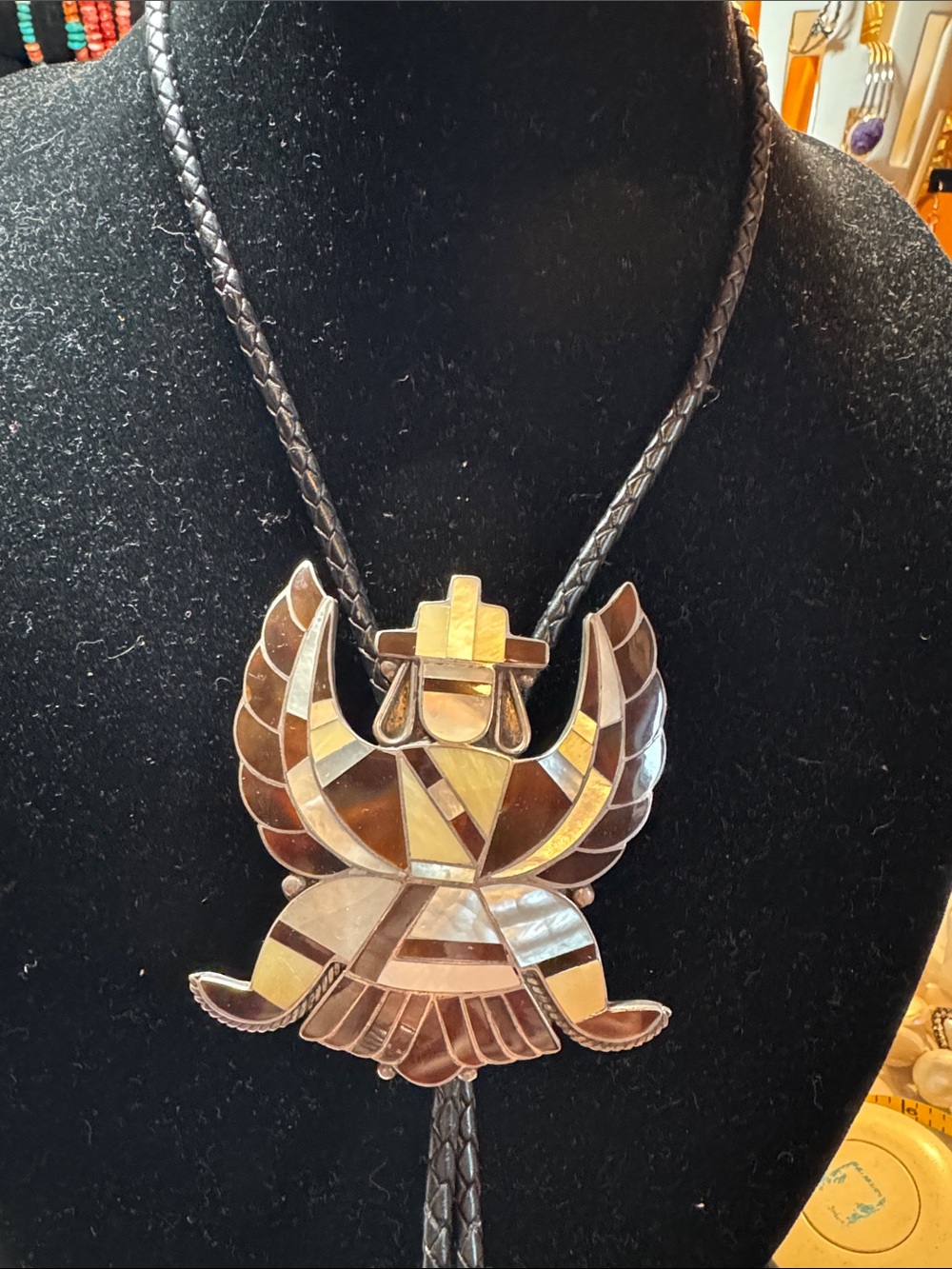 Sterling Silver and Mother-of-Pearl Inlay Zuni Vintage signed Bolo Tie Necklace